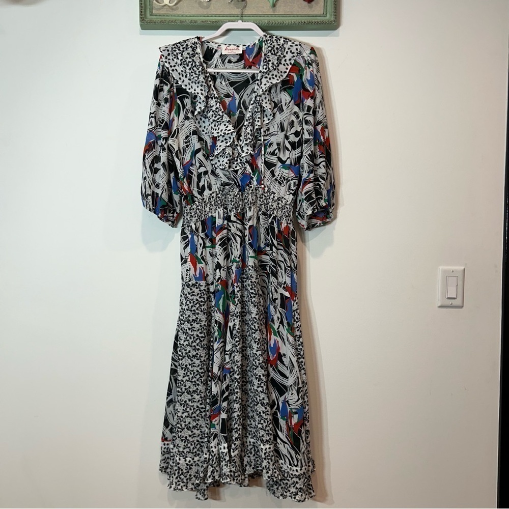 Vintage 80s Susan Fries Assorti women’s XL sheer swing print art boho dress